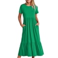 thumbnail image 1 of Penkiiy Robe Maxi Évasée d'Été Décontractée pour Femme à Manches Courtes et Col Ras du Cou, Fluide, Asymétrique, à Étages, Robe de Plage avec Poches, G Vert, 1 of 8