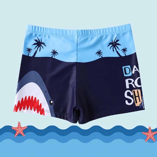 LSLJS Maillot de Bain pour Garçons, Maillot de Bain pour Enfants avec Imprimé vibrant de Requin et de Palmier sur Bleu Marine et Bleu Pâle, Short de Bain à Coupe Plate. Fabriqué à Partir de 85 % nylon et 15 % Élasthanne, Ces Short de Bain à Séchage Rapide et Respirants Comprennent un Cordon de Serrage pour un Ajustement Réglable. Convient à la Natation, aux Sorties à la Plage et aux Tenues Décontractées.