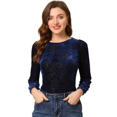 INSPIRE CHIC Women's Dots Prints Velvet Burn-Out Long Puff Sleeve Blouse