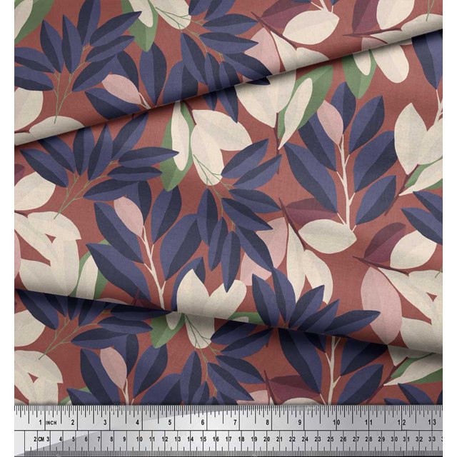 Soimoi Brown polyester Crepe Fabric Laurel Leaves Printed Craft Fabric by the Yard 52 Inch Wide
