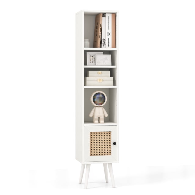 Patiojoy Slim Tall Rattan Storage Cabinet Boho Accent Bookshelf in white engineered wood with three open shelves and a single rattan door cabinet. Features 12-position adjustable shelf, solid wood legs, anti-toppling devices, and non-slip foot pads. Perfect for boho furniture enthusiasts and accent cabinet storage in living rooms or bedrooms.