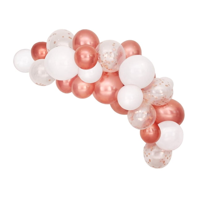 Rose gold balloon arch with 13 latex balloons in rose gold, white, and clear with rose gold confetti, arranged in a curved cluster for party decoration, including balloon tape and glue dots, suitable for weddings and showers.