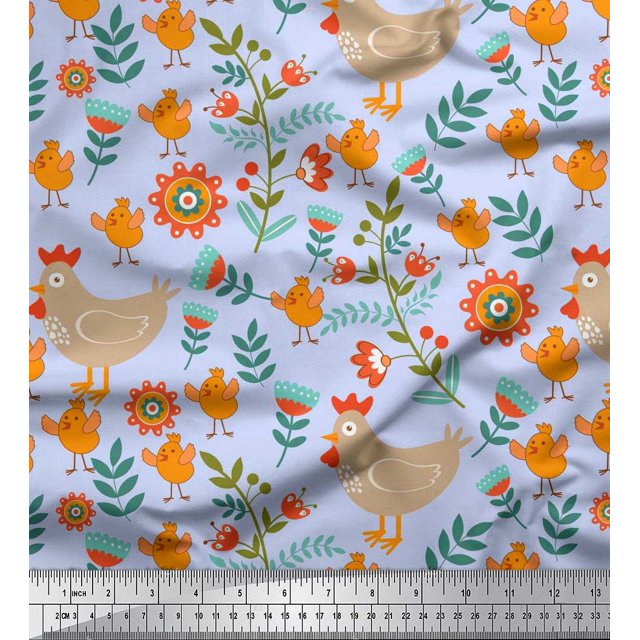 Soimoi Georgette Viscose Fabric Leaves,Cock & Chick Cartoon Printed Fabric 1 Yard 42 Inch Wide