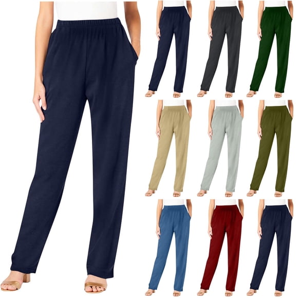 Elastic Waist Pocket Pants, Women's Casual Comfortable Full Length Trousers with Deep Side Pockets, Solid Color Lounge Pants for Fall Fashion and Work Commuting, Practical Gifts for Women