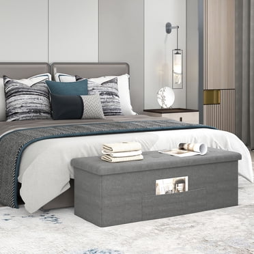 Giantex Banc Ottoman de Rangement Pliant de 43”, Banc de Bout de Lit en Lin avec Siège Rembourré, Pochette et Séparateur, Repose-Pieds Coffre de Rangement, Gris