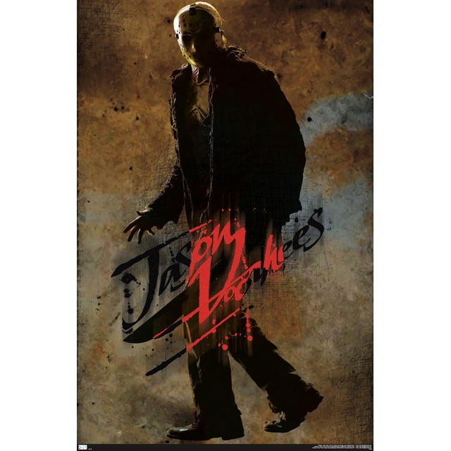 Vendredi 13 - Affiche Murale de Jason, 22,375 Po x 34 Po Représentant une silhouette Sombre de Jason Voorhees Portant une Veste et des Bottes en Lambeaux sur un Fond Brun Texturé, avec la Superposition de Titre « Jason Lives » Rouge et Noire, Idéale pour une Déco Murale à Thème d'Horreur.