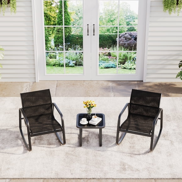 3 Piece Rocking Bistro Set Outdoor, Textilene Mesh Patio Chairs with Rocking Base, Rust Proof Metal Frame Space Saving for Balcony Garden Yard