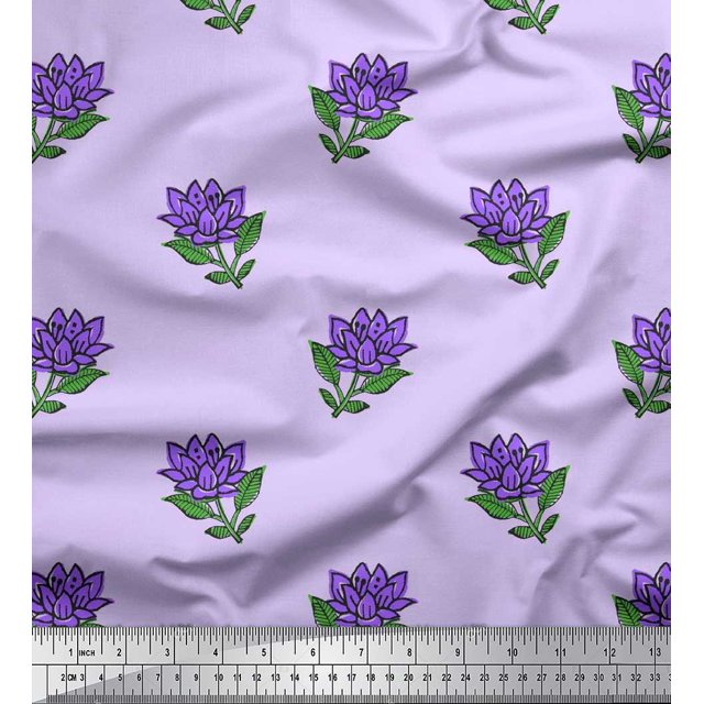 Soimoi Georgette Viscose Fabric Leaves & Lotus Block Print Sewing Fabric Yard 42 Inch Wide