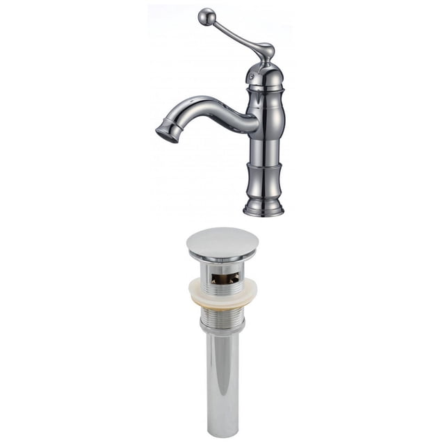 American Imaginations 2-in. W Bathroom Faucet Set Chrome AI-2041 featuring a traditional chrome above-counter bathroom sink faucet with a curved spout and single lever handle, constructed from stainless steel and lead-free brass, including a matching chrome sink drain with overflow, CUPC certified for 1-hole installation.