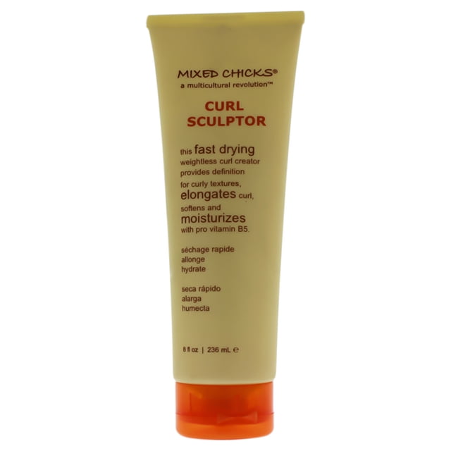 Curl Sculptor by Mixed Chicks for Women - 8 oz Sculptor. A beige tube with orange cap containing a lightweight, fast-drying curl definer formulated with pro vitamin B5. Designed to define, elongate, and moisturize curls, it is ideal for natural styles, rod sets, and roller sets. The text on the tube highlights its benefits for curly textures, including added softness and moisture.