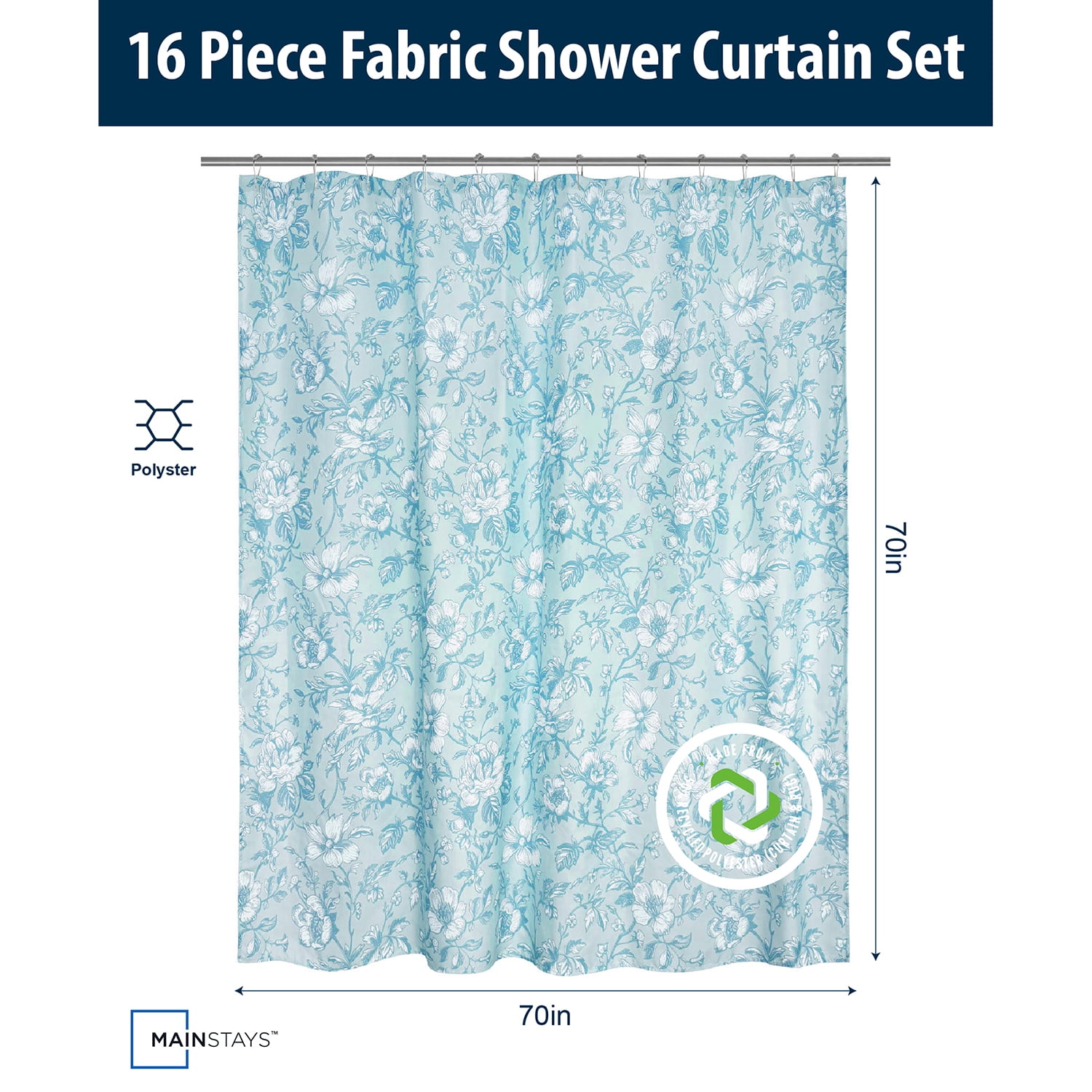 Ensemble de salle de bain Mainstays de 16 pièces à fleurs bleues – Rideau de douche en tissu avec tapis, crochets, distributeur de savon et plateau