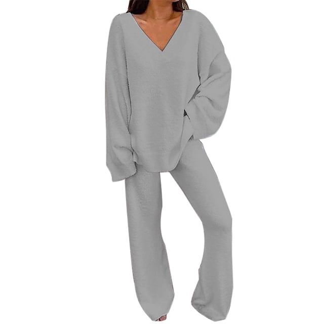 Ensembles Duveteux pour Femmes, Tenue 2 Pcs, Haut à Manches Longues, Pantalon à Jambes Larges, Ensembles de Pyjama