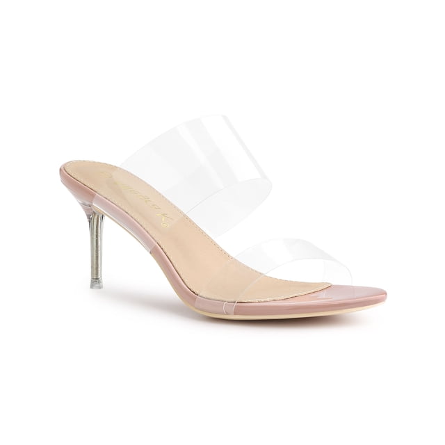 BLISSFUL STEP Women's Clear Slide Stiletto Heels Open Toe Slip On Sandals Beige 7