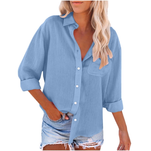 Timegard Button down Shirts for Women Cotton Linen Lapel Neck Blouse Lightweight Fall Casual Loose Tops