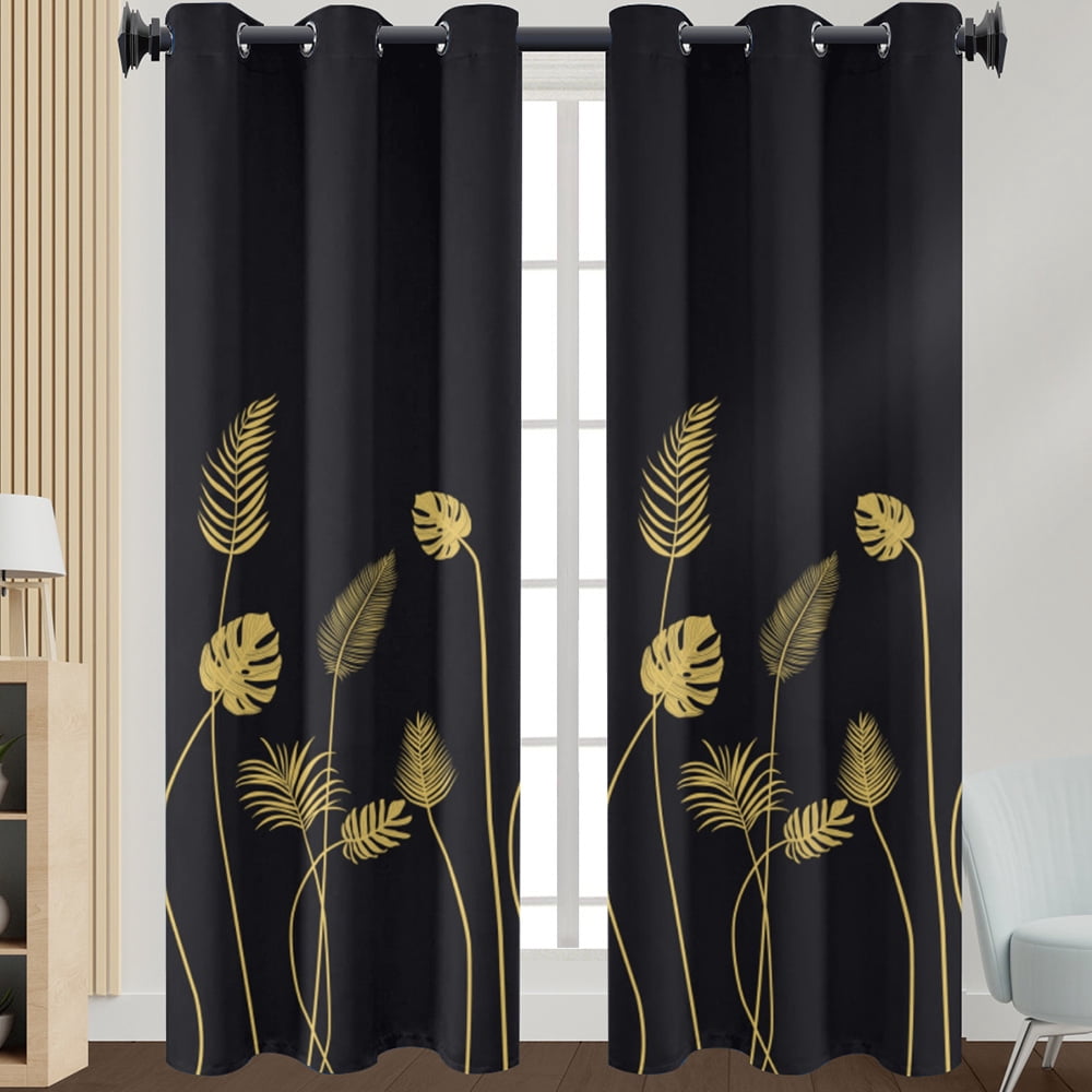 LUXUR Rideaux Filtrant la Lumière Rideau de Fenêtre Semi-Transparent Draperies de Luxe Œillet Traitement d'Intimité Imprimé Feuille Décoration Maison Noir L : 52"x H:54 Pouces