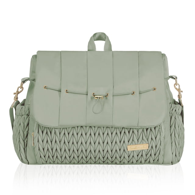 Hannah & Sophia Belle Convertible Diaper Backpack & Messenger Bag in sage green, front view featuring quilted woven lower front panel, smooth flap with gold-tone eyelets and adjustable cord closure, detachable shoulder straps for versatile backpack or messenger use, multiple outer pockets, and gold brand plaque, designed for spacious baby diaper storage.