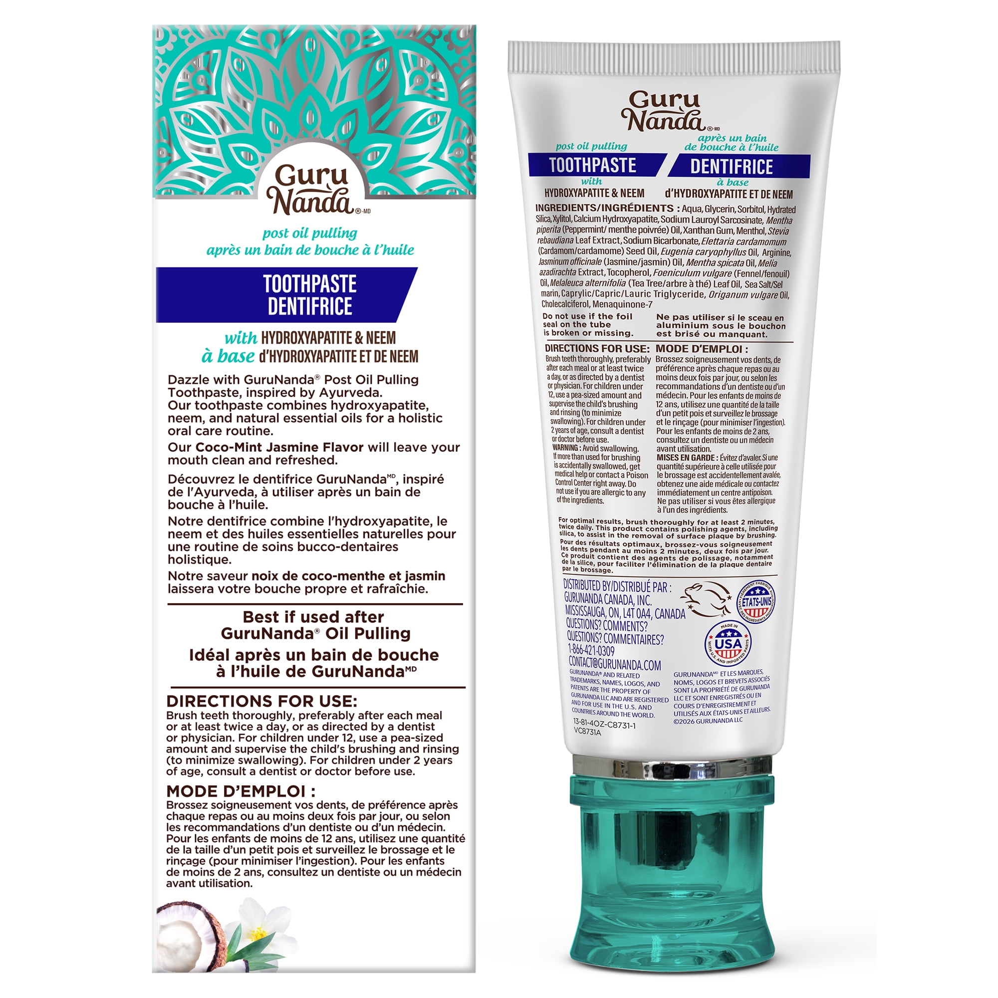 GuruNanda Dentifrice Blanchissant avec Neem & Hydroxyapatite, Noix de Coco-Menthe et Jasmin, Sans Fluorure, 119g