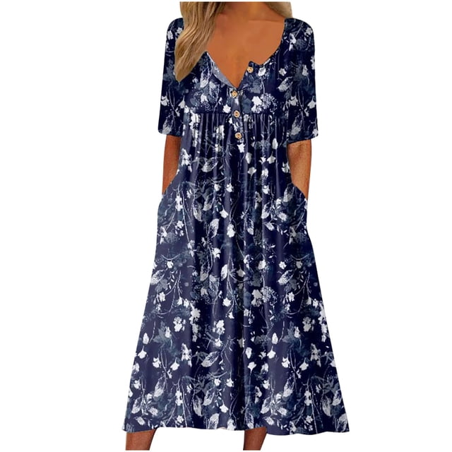 Jusqu'à 65 % de Rabais! Robes d'Été à la Mode pour Femmes 2024 Grande Taille Décontractées Imprimées à Manches Courtes Robe à Manches Courtes à Col Rond Robe Longueur Cheville