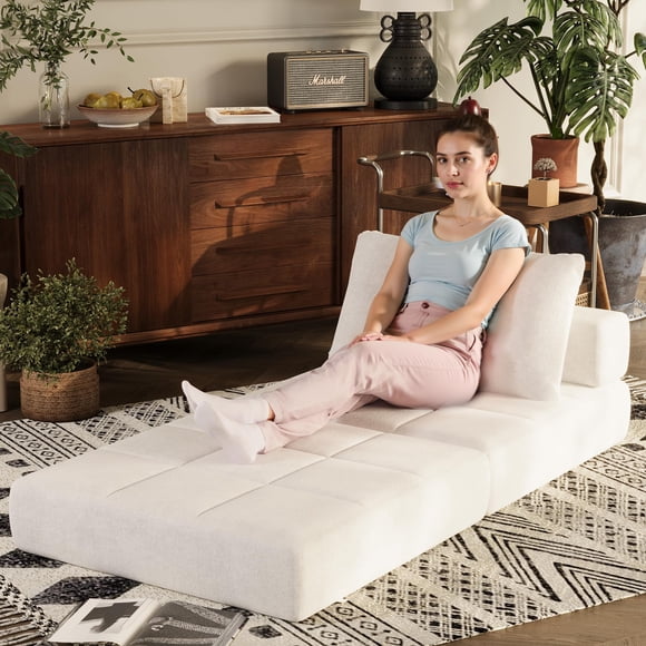 Homall Canapé-Lit Pliant, Sofa Convertible avec Appuie-Tête et Coussin Lombaire, Fauteuil-Lit en Tissu Chenille, Matelas Futon Simple pour Salon, Appartement, Bureau (Blanc)