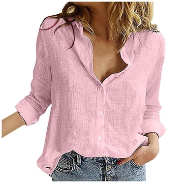 Kcodviy Women's Loose Linen Button Ling Sleeve Shirt Solid Lapel Long Sleeves T Shirts Spandex T-Shirt Blouse Tops