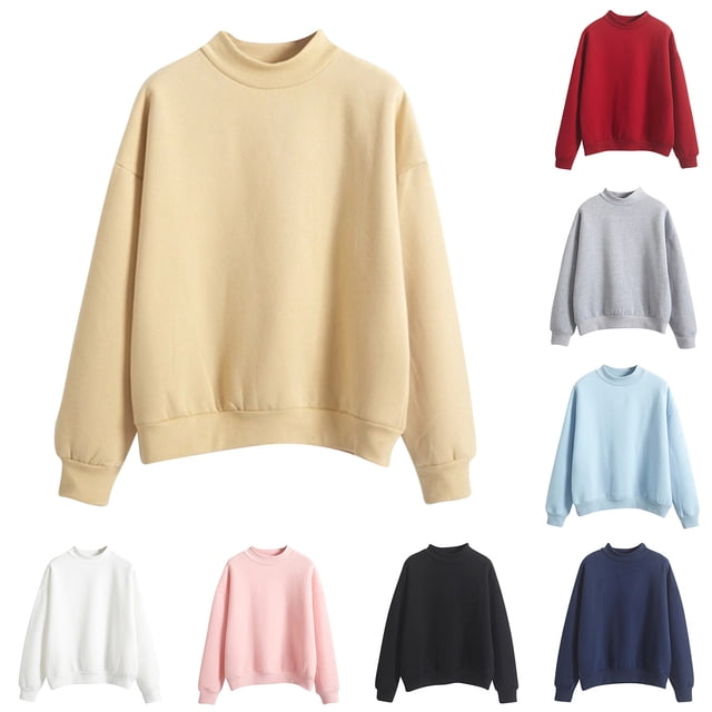 XZNGL Casual Long Sleeve Turtleneck Sweatshirt for Women, 100% Polyester, Loose Fit, Solid Color, Spring Winter Wear, Ribbed Neckband, Machine Washable
