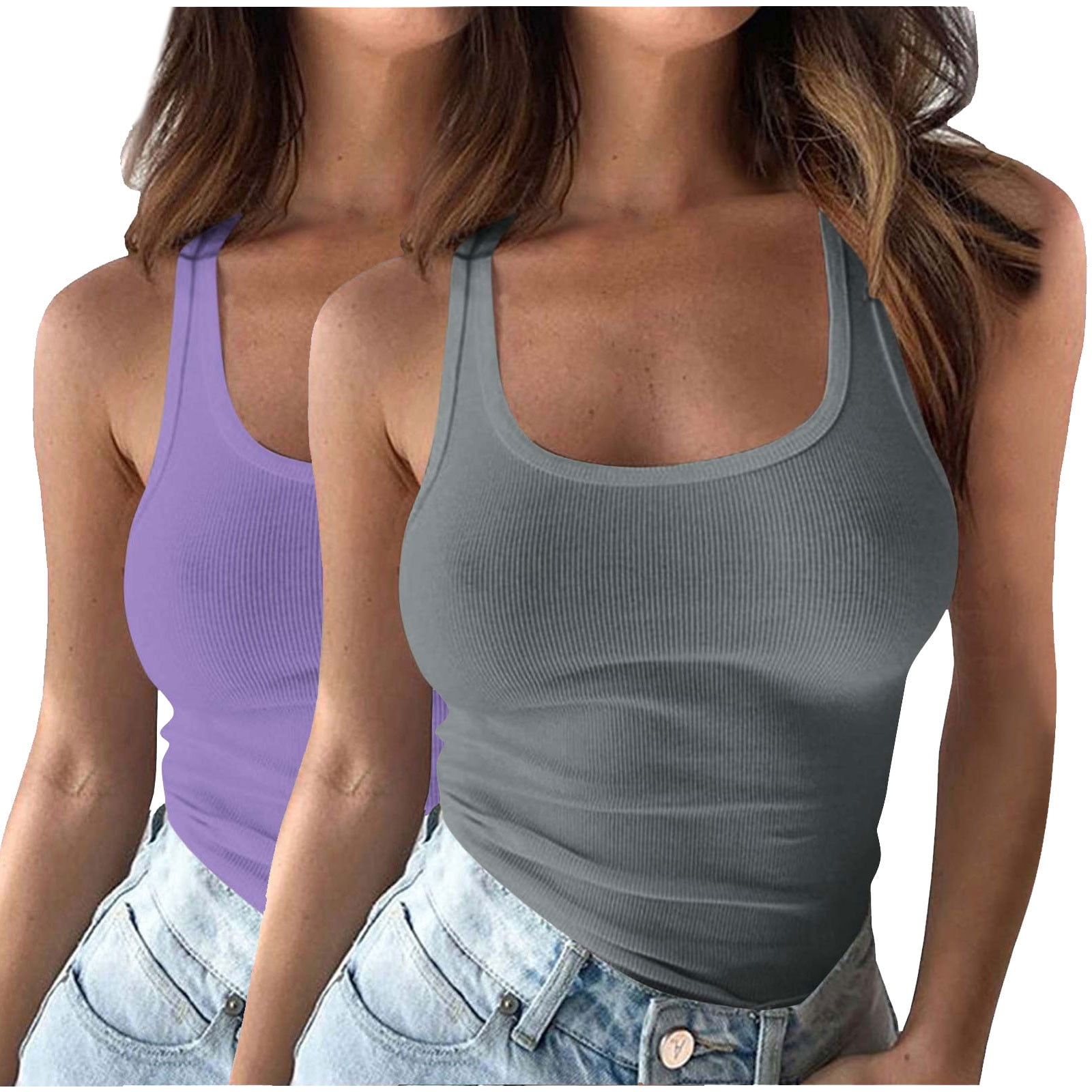 Yuyuzo 2PC Plus Size Tank Tops for Women Ribbed Knit Slim Fitted Camis Sleeveless Base Layer T Shirts
