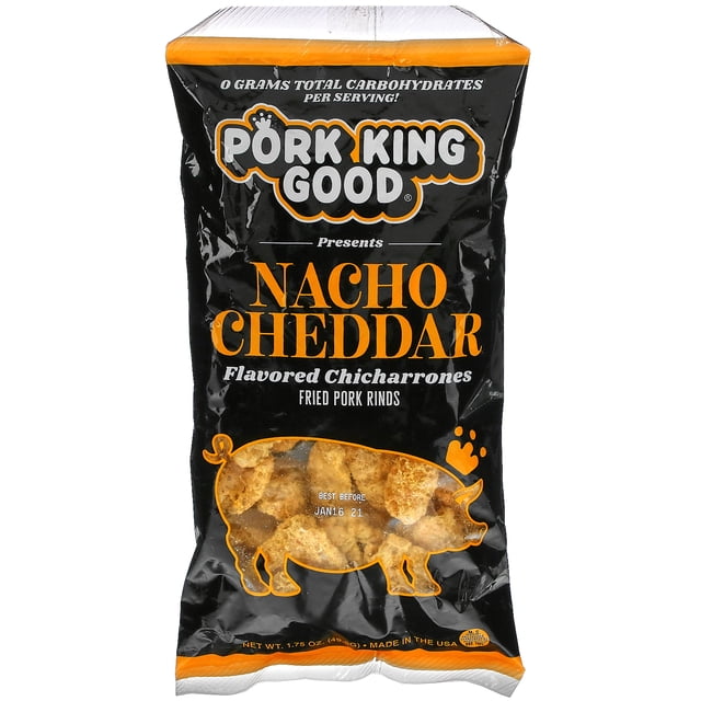 Pork King Good Nacho Cheddar flavored chicharrones in a 1.75 oz (49.5 g) bag. The packaging features bold orange and black colors with a clear window displaying crispy pork rinds. Label highlights include 0 grams total carbohydrates per serving, gluten-free, and U.S. Department of Agriculture inspection. A Mexican-inspired snack with cheesy nacho flavor.
