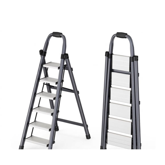 Toytexx 6-Step Folding Step Ladder with Handrail, Carbon Steel Frame, Wide Anti-Slip Pedals, Space-Saving A-Frame Ladder for Indoor Use, Grey