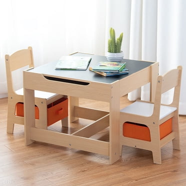Gymax Ensemble Table et Chaises pour Enfants avec Boîtes de Rangement Tableau Noir Tableau Blanc Dessin