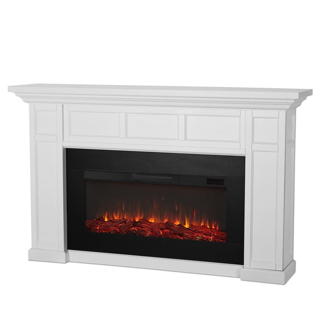 Alcott 75" Landscape Electric Fireplace with white wood-finished mantel featuring panel details and a wide black infrared electric firebox displaying glowing orange and red flames over a realistic log set, providing supplemental heat for rooms up to 1000 sq ft.