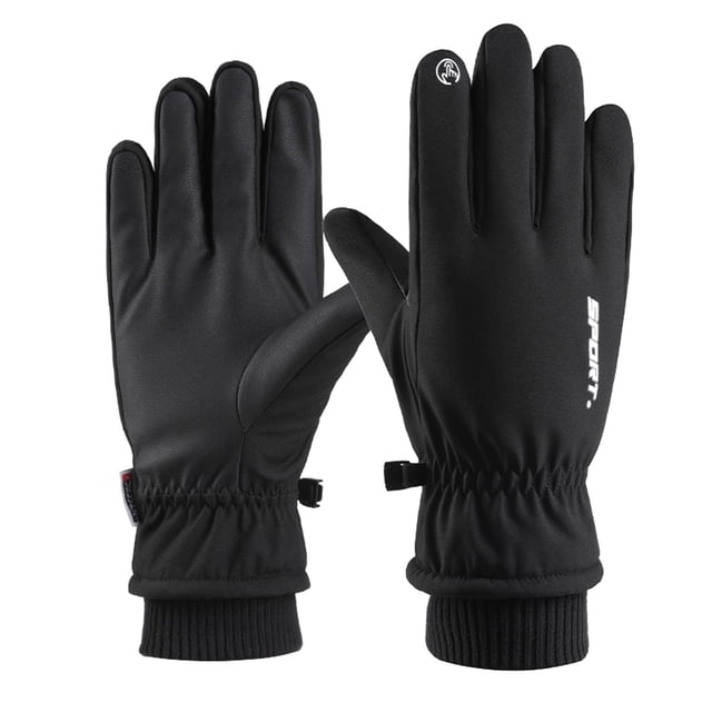 Riforla Men Ski Mittens Winter Warm Thickened Windproof Outdoor Riding Mittens Gloves in black. These mittens feature a PU material design for touchscreen compatibility, allowing ten-finger operation on devices. The gloves are soft, elastic, and durable, with an adjustable tightness for a secure fit. Designed for cold weather, they are warm, skin-friendly, and suitable for skiing, cycling, and other winter outdoor activities. The mittens have a sleek black finish with 'SPORT' branding on the back and ribbed cuffs for added comfort.