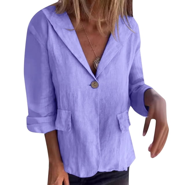 MIASHUI Loose Fit Solid Color Button-Up Notched Collar Linen Blend Blazer Cardigan for Women Bohemian Style Lightweight Jacket Purple,XXL