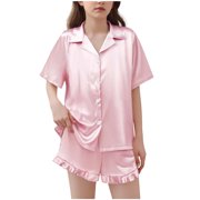 BLVB Girls Pajamas Satin Pajama Set Silk Pjs Short Sleeve Button down Shirts Summer Ruffle Sleepwear for Big Kids 5-15Y
