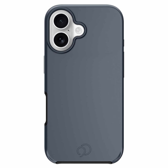 Nimbus9 Cirrus 3 MagSafe Case Steel Blue for iPhone 17 shown from the back with a smooth steel blue soft-touch finish. The case features precise cutouts for dual cameras and flash, dual-layer TPU and PC protection, RISEGUARD corner fins, and a 3D HEXA PATTERN for shock absorption up to 20ft drops. Compatible with MagSafe accessories and responsive buttons, suitable for durable everyday phone protection.
