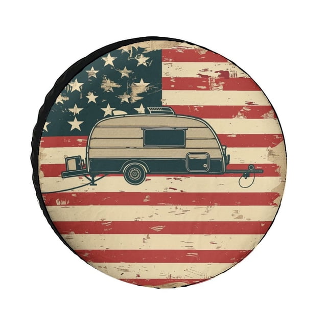 Housse de Pneu de Rechange pour Roulotte Drapeau Américain Vintage avec Remorque de Roulotte Housse de Pneu de Roue Universelle Imperméable et Anti-Poussière Protecteurs de Pneus Housse de Pneu de Rechange pour Roulotte Housse de Pneu de Roulotte pour Feu de Camp 12 Pouces
