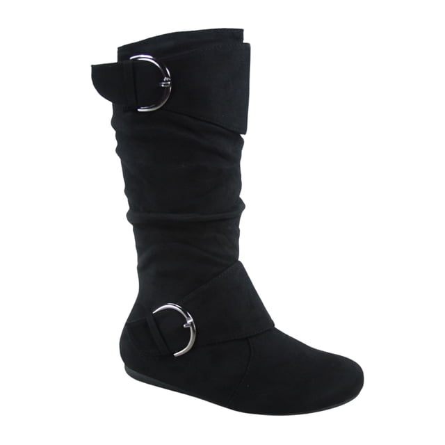 Bottes Mi-Mollet à Bout Rond pour Femmes Zone 70, Confort, Fermeture Éclair, Boucle, Style Plissé Décontracté, Talon Plat ( Noir, 7.5)