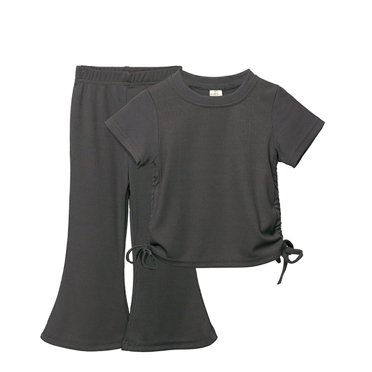 PMVFHDE Ensembles de Pantalons Fille Tenue 2 Pcs Vêtements Filles Été Tricot Uni T-Shirt à Manches Courtes Tee Pantalon Évasé Ensemble Bas Tout-Petit Tenue Gy1, 2-3 Ans