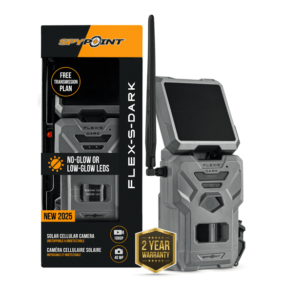 SPYPOINT Flex-S Dark Caméra Cellulaire d'Extérieur à Énergie Solaire pour Sentier - Panneau Solaire Intégré, Aucun Wi-Fi Requis, Vision Nocturne Activée par Mouvement, Double Carte SIM LTE, Photos 40 MP et 1080p avec Son