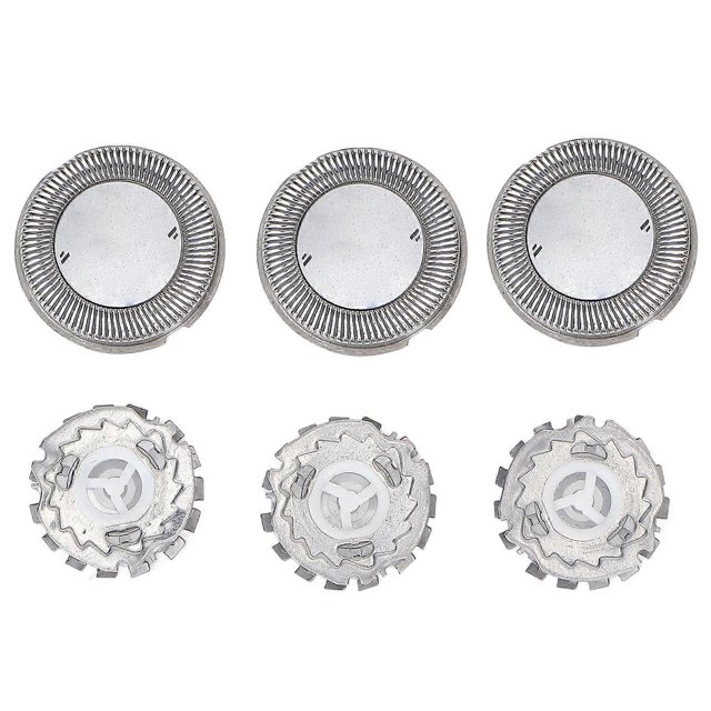 Compatible electric shaver head blade made of stainless steel, featuring three cutter heads for a large shaving area. Designed to fit Philips HQ3, HQ4, HQ5, HQ6, HQ8, HQ9, PO, and HS series shavers. Durable and corrosion-resistant, providing a comfortable and effective shaving experience. Includes three replacement heads.