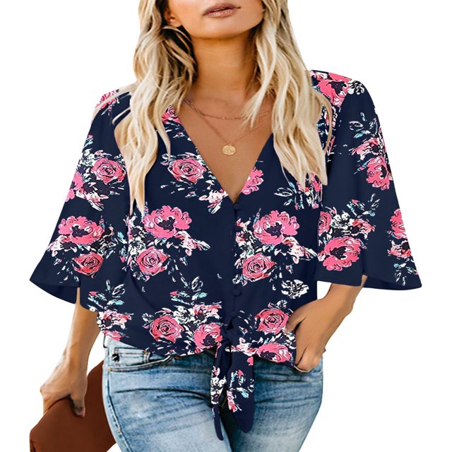 CHUANK Women‘s Button Down V Neck Tops Ruffled 3/4 Sleeve Tie Knot Front Blouses White Sizes S-2XL