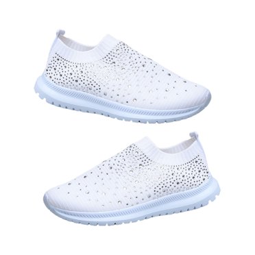 fastboy Chaussures Plates pour Femmes Espadrilles en Maille Chaussures à Strass Décontractées Sport Chaussettes d'Entraînement Confortables pour Course Marche Dames Blanc 40