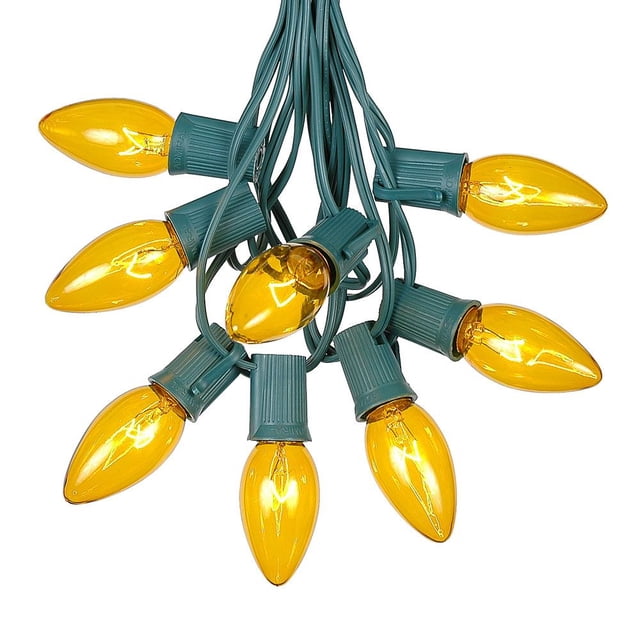Novelty Lights 25 Foot C9 Twinkle Outdoor Patio Christmas String Light Set, Yellow, Green Wire, 25 Bulbs