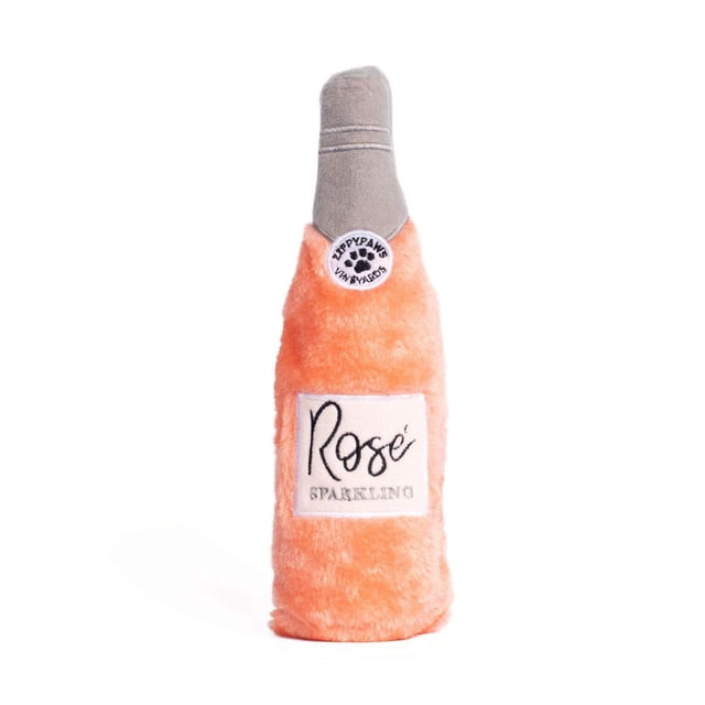HHC - Jouet à Mâcher en Peluche ROSE pour Chien en Forme de Bouteille de Vin rosé Étincelante avec un Corps en Peluche orange Doux et un Dessus en Tissu Gris, Brodé de « rosé Étincelant » et un Empreinte de Patte, Convient au Jeu Interactif pour Animaux de Compagnie.