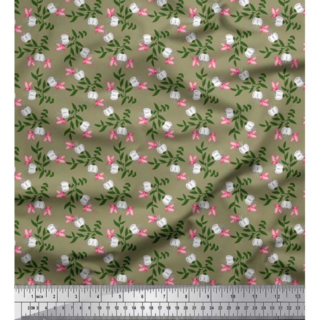 Soimoi Green Poly Georgette Fabric Leaves,Insect & Floral Artistic Print Fabric by Yard 52 Inch Wide