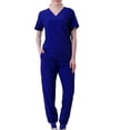 thumbnail image 2 of Pisexur Plus Size Scrub Set for Women - Slim Solid Color V-Neck Scrub Top & Skinny Cargo Scrub Pants With Pockets, 2 of 3