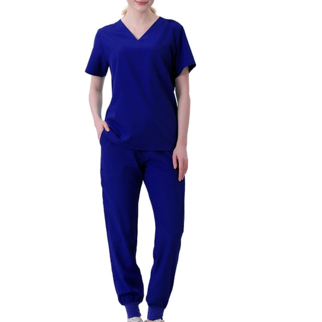 Pisexur Plus Size Scrub Set for Women - Slim Solid Color V-Neck Scrub Top & Skinny Cargo Scrub Pants With Pockets
