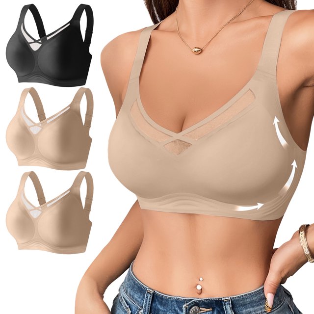 Kyusrd Plus Size Cut-Off Seamless Bra For Women'S 3Pcs Supportive Full Coverage Wireless Bralette Bra Adjustable Shoulder Straps Bra Soild Color Everyday Athletic Sport Bra
