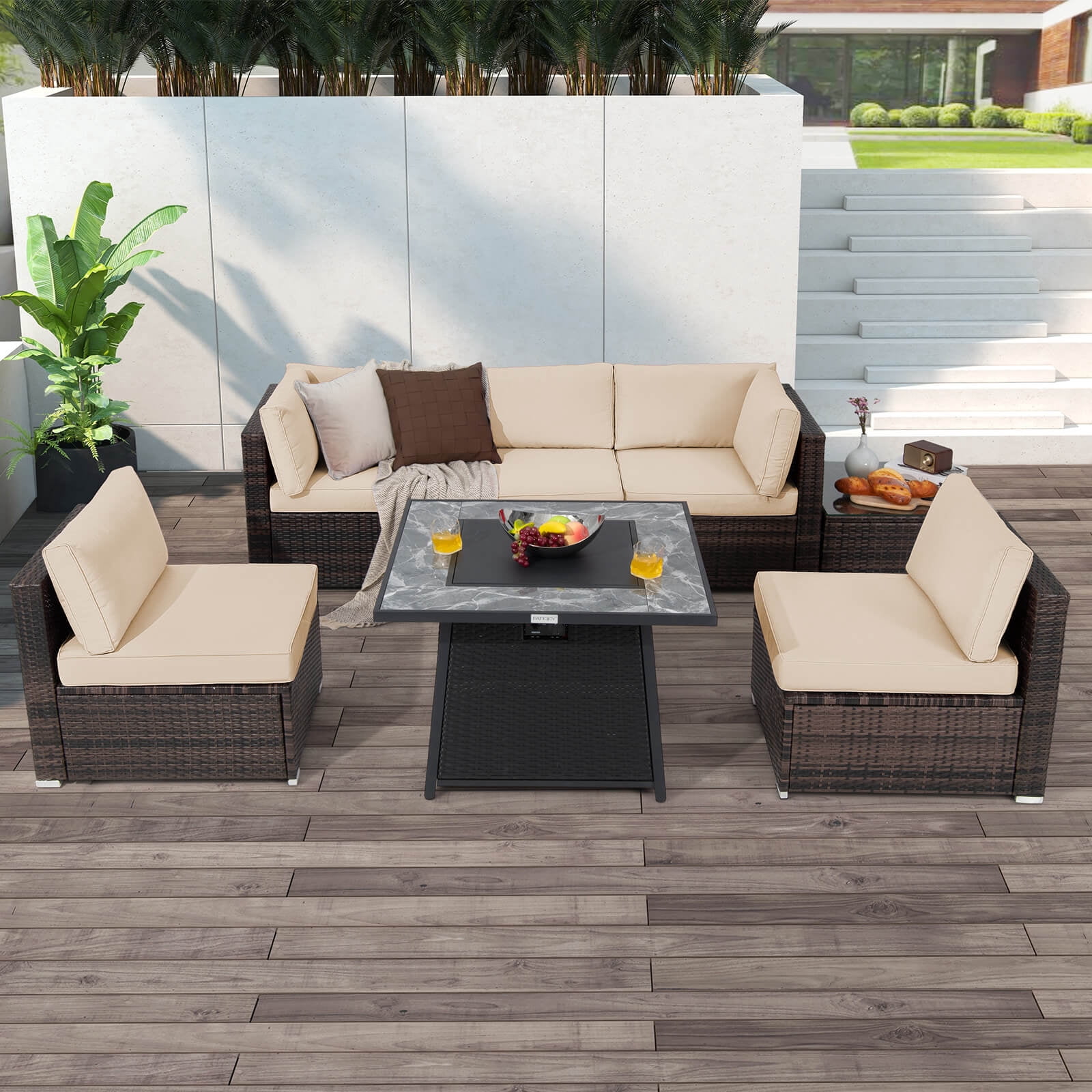 Ensemble de Mobilier de Patio 7 Pcs avec Table de Foyer au Gaz Propane de 35 Pouces et Housse Imperméable Brun