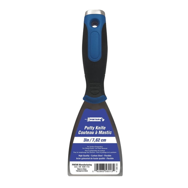 Couteau à Pâte en Acier au Carbone de 3 Pouces avec Lame flexible et Manche Ergonomique Noir et Bleu, Idéal pour la Préparation de surface, le Comblement des Fissures, le Retrait de Peinture et le Rapiécage des Remplissages de Bois, avec la Marque Pintar Art sur l'Étiquette de Lame.