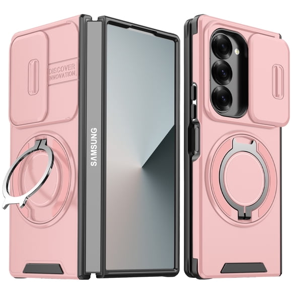 Asuwish Compatible with Samsung Galaxy Z Fold 6 5G 2024 Phone Case Slide Camera Cover Stand Ring Holder Rugged Slim Grip Bumper for ZFold6 Z6 G Fold6 6Z Women Men Pink